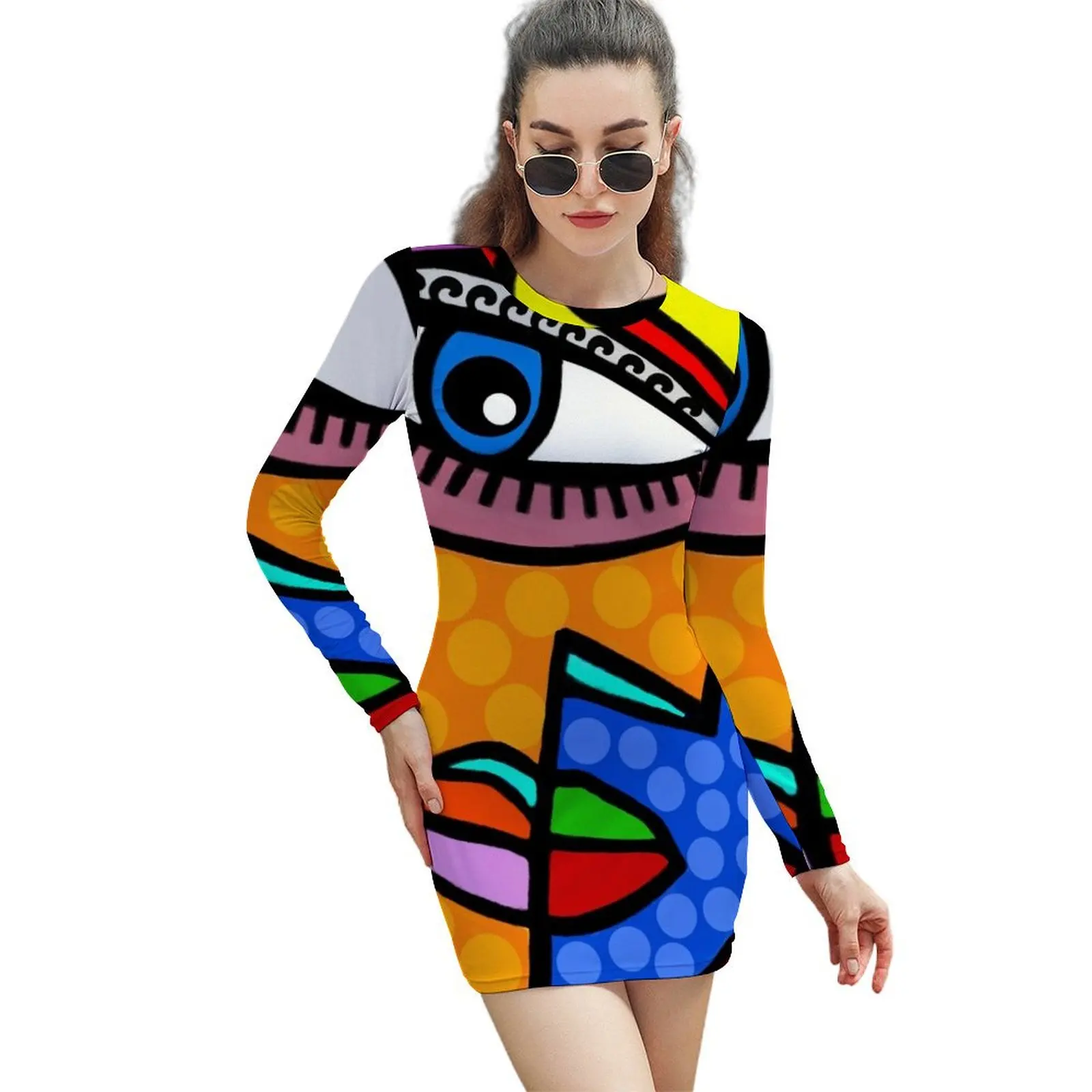 

Funky Abstract Style Art Face with Dots and Stripes Long-Sleeved Sheath Dress women's summer clothing 2024 beach dresses