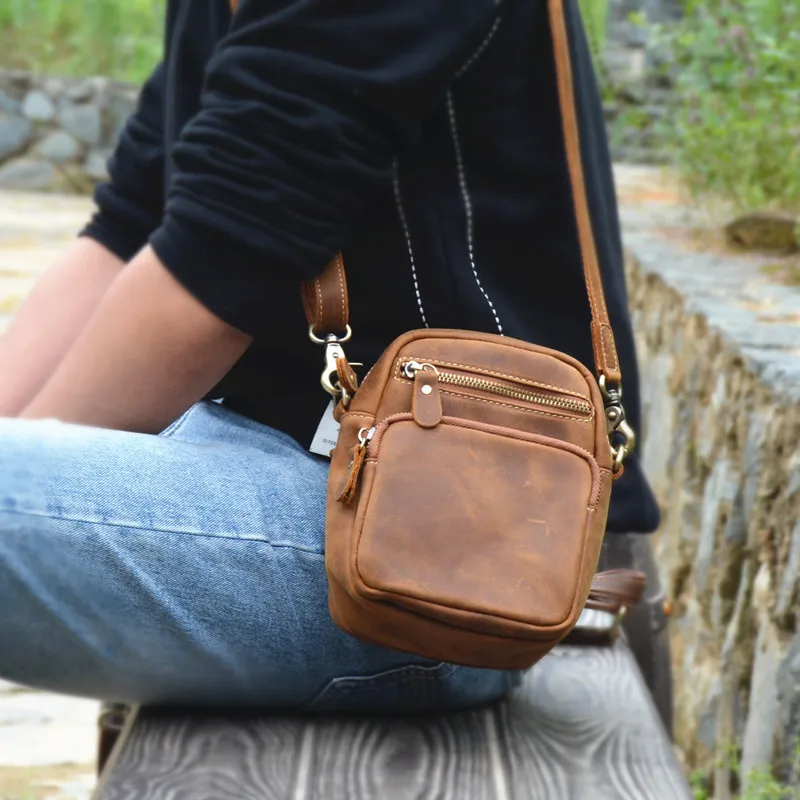 Original Men's Retro Waist Bag Large Capacity Leather Belt Sports Bag Vintage Style Casual Pure Color Vertical Square