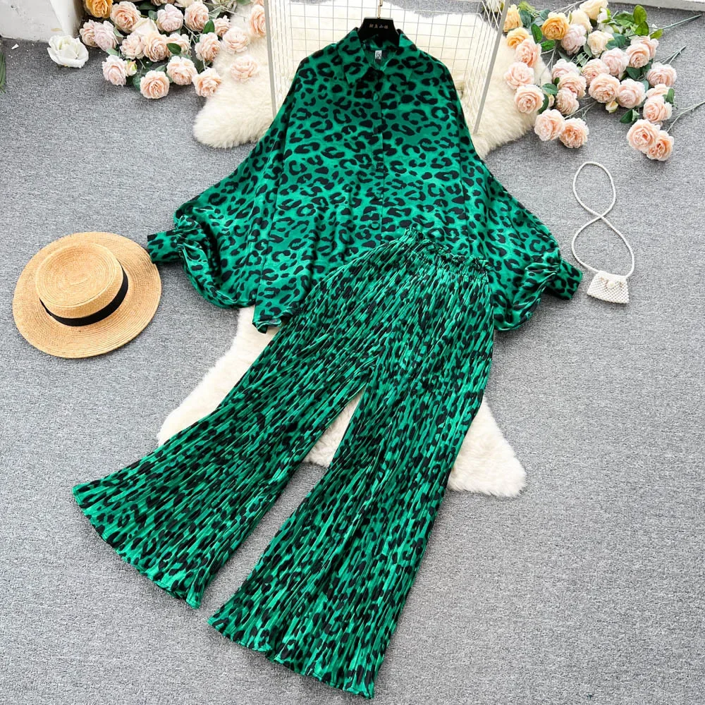 Fashion Print Set Pajama Sets for Women Two-piece Set Loose Lantern Sleeves Shirt High Waist Pleated Wide Leg Pants Home Suit