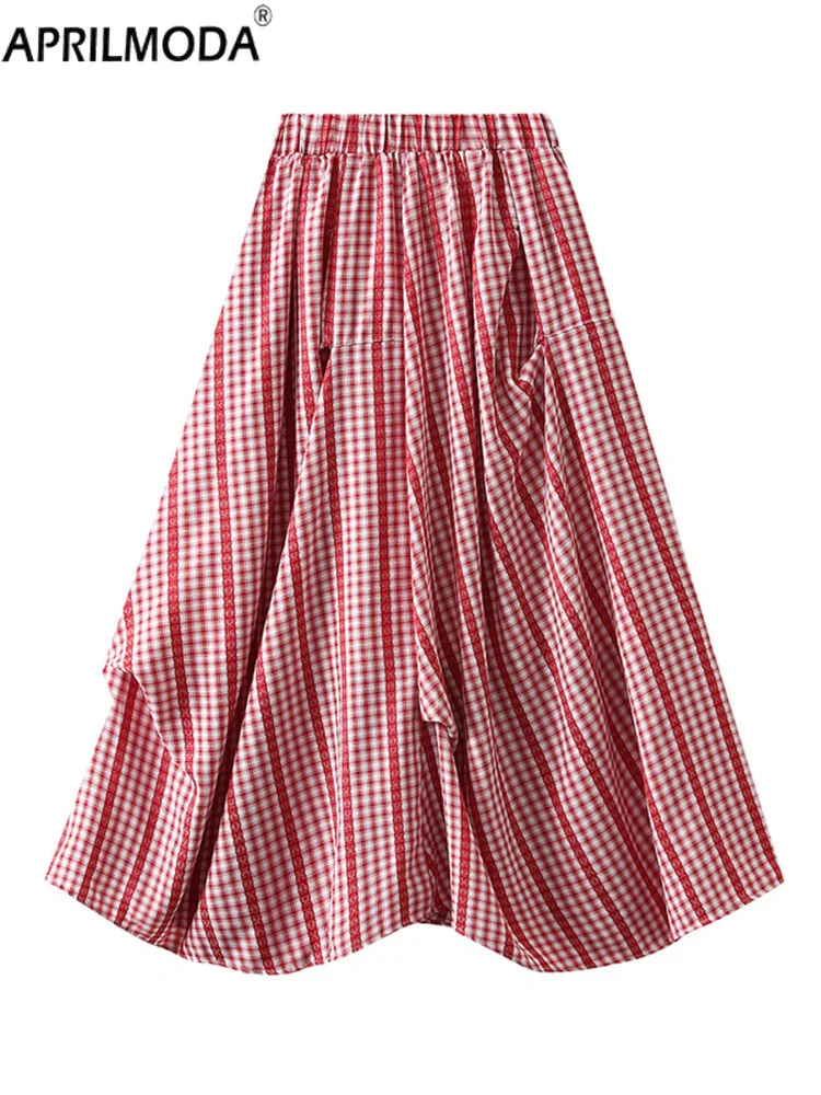 

Sweet Red Black Irregular Plaid Print Vintage Women's High Waist Skirt Elegant Loose Casual Big Swing Japanese A-line Skirts