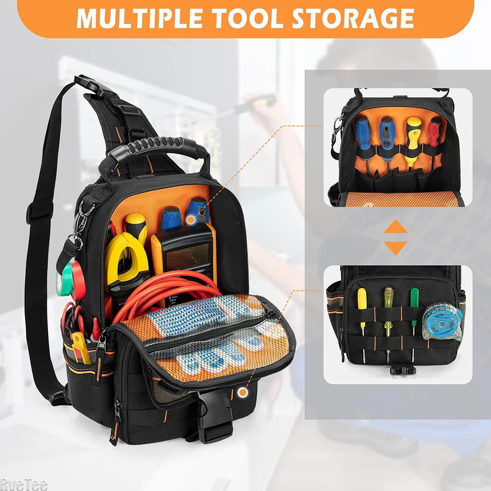 Electrician Tool Pouch Bag HVAC Tool Organizer Heavy-Duty Ergonomic Handle Removable Shoulder Strap for Electrician Tools