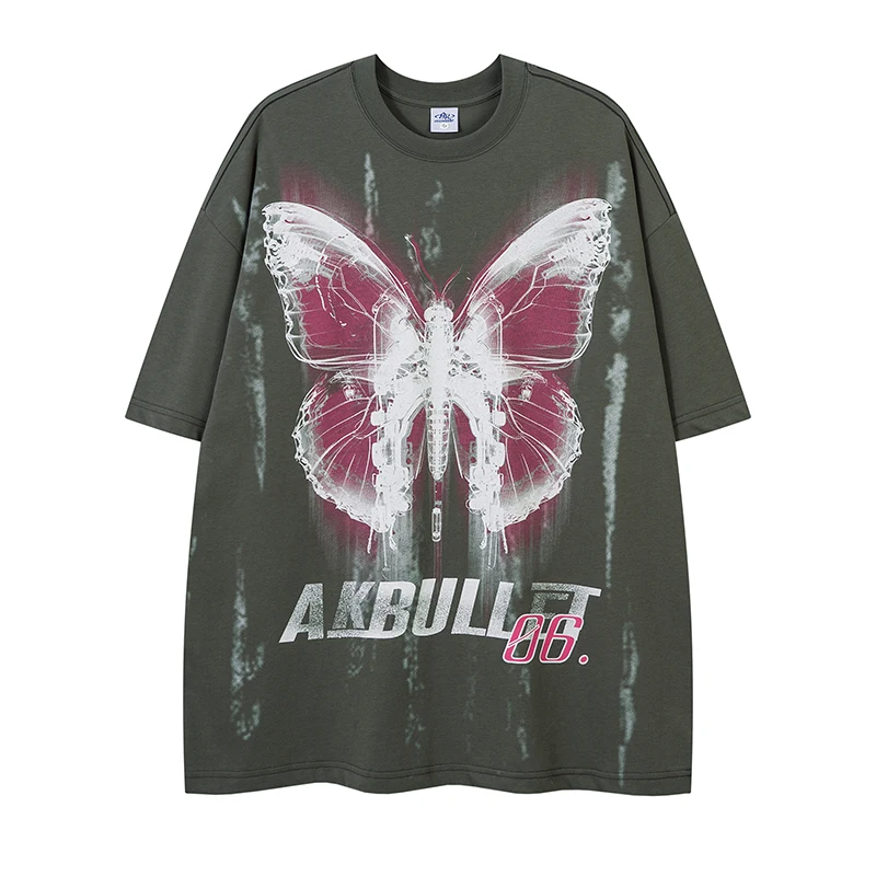 

AKS40 Men's summer new short-sleeved cotton T-shirt men's American street mechanical butterfly high-quality heavyweight printing