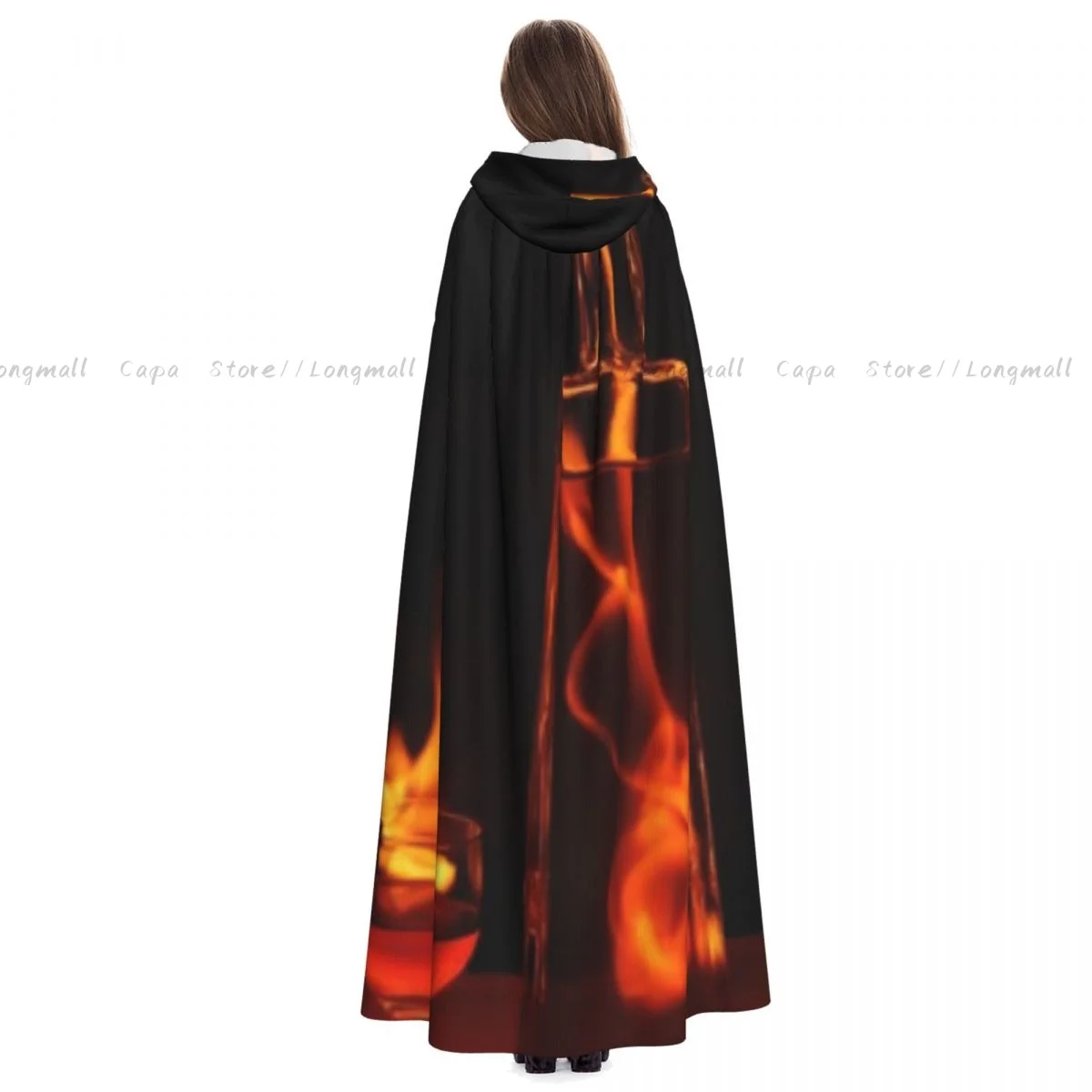 Garrafa de fogo e vidro com capuz, Halloween Cosplay Traje, Vampire Devil Wizard Cape, Festa vestido