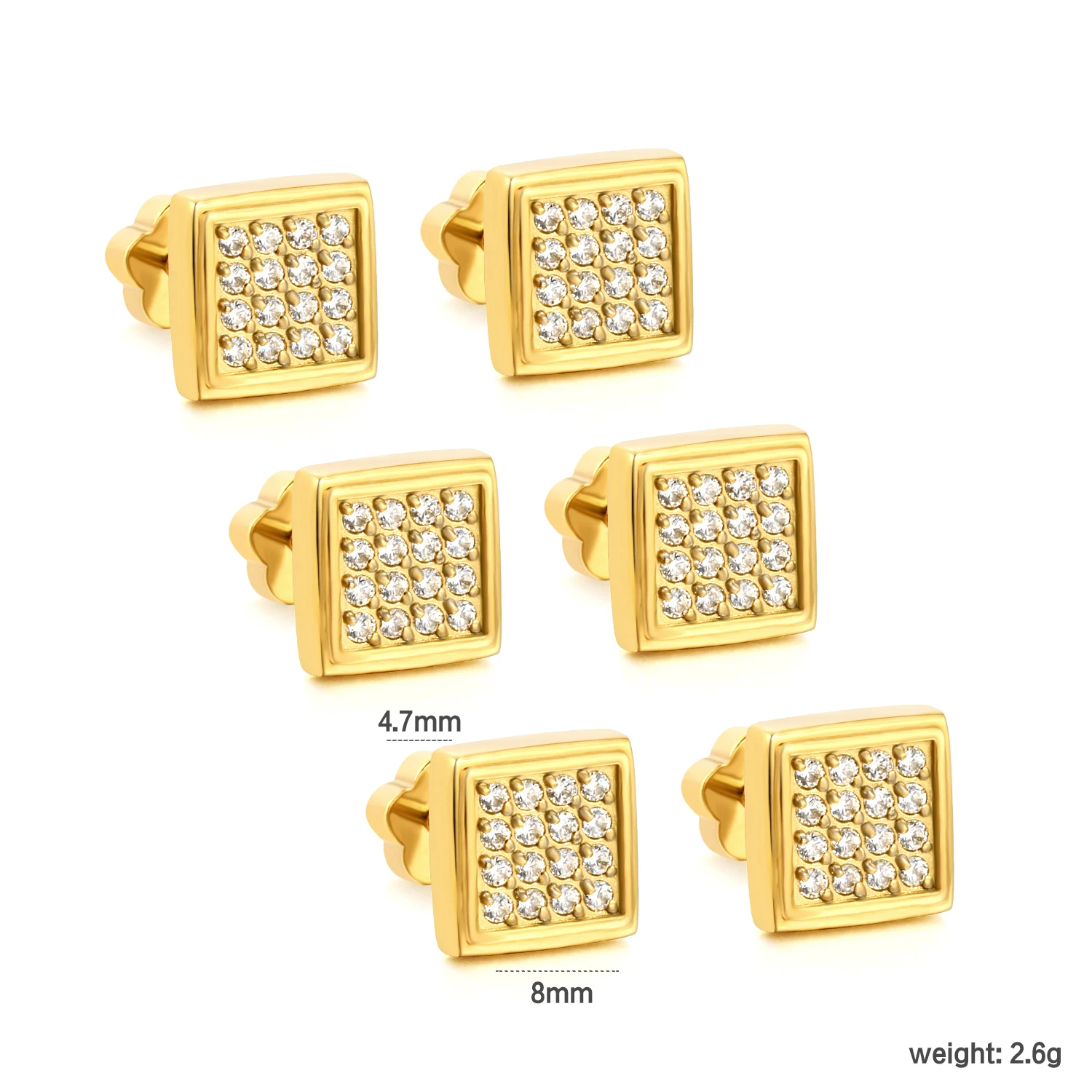 Wholesale 3 Pairs 8mm Stainless Steel Square Paved CZ Screw Back Stud Earrings Gold Tone Bulk Piercing Jewelry Set