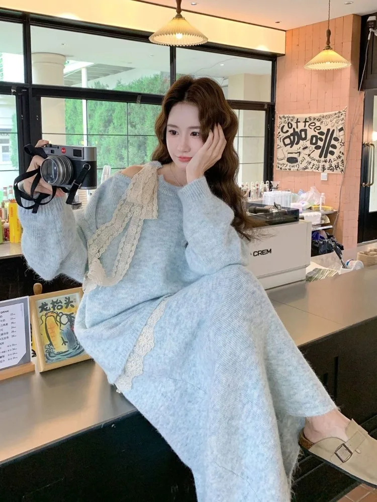 Korean Sweet Blue Lace Sweater Women Jumpers+ High Waist Mid-length Loose Knitted Skirts Autumn New Two Piece Sets