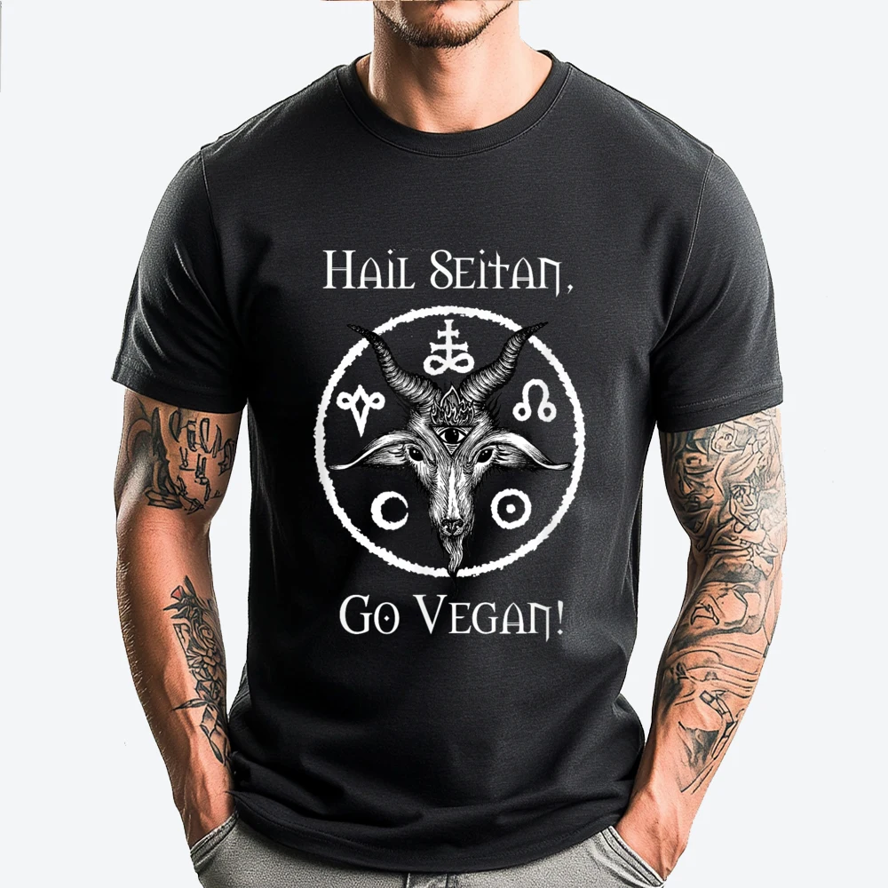 

Hail Seitan Go Vegan Black Metal Occult Vegetarian Free Shippping Items Lowest Prices T Shirt Man Cool New Gift Tee-Shirt