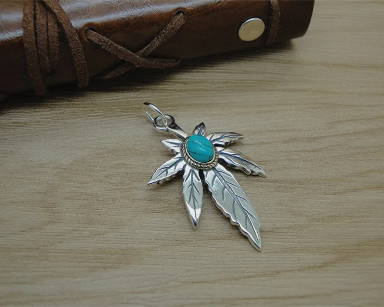 Ethnic style personality s925 sterling silver jewelry Thai silver turquoise feather necklace hanging maple leaf pendant