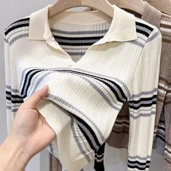 Women Clothes Spring Autumn Fashion Simplicity Striped Color Blocking Polo Collar Knitting All-match Loose Pullovers Long Sleeve