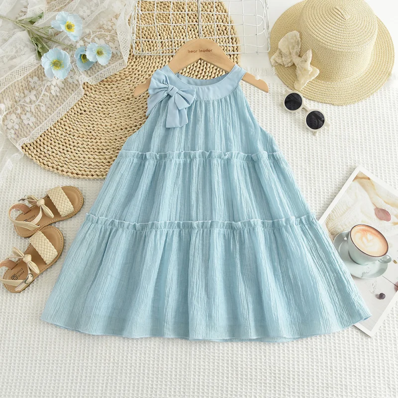 Summer New Dress for Girls, Blue Multi-layer Korean Style Bow Chiffon Halter Princess Dress