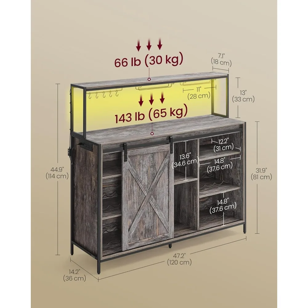 خزانة بار القهوة مع مخرج طاقة وإضاءة LED للتحكم الصوتي، وخزانة بوفيه مع أبواب الحظيرة المنزلقة، وخطافات S، والنبيذ #3