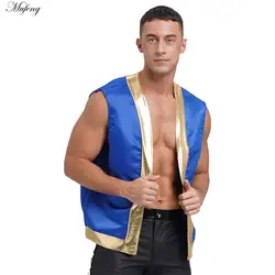 Mens Deluxe Arabian Prince Stain Vest Adult Shiny Open Front Curved Waistcoat Halloween Indian Aladin Genius Cosplay Costumes
