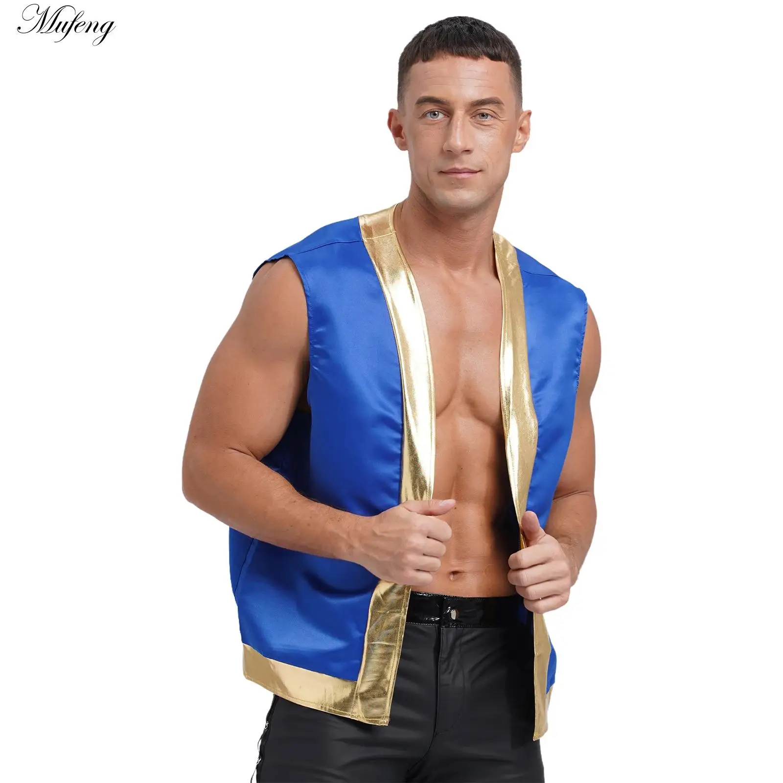 Mens Deluxe Arabian Prince Stain Vest Adult Shiny Open Front Curved Waistcoat Halloween Indian Aladin Genius Cosplay Costumes