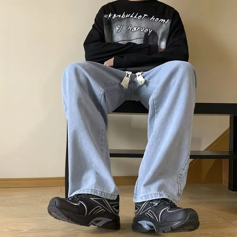 

Джинсы на шнурке, мужские широкие свободные джинсы для отдыха, весна-лето, японский стиль, уютные, с напуском, простые, однотонные, на каждый день, в стиле Харадзюку, High Street