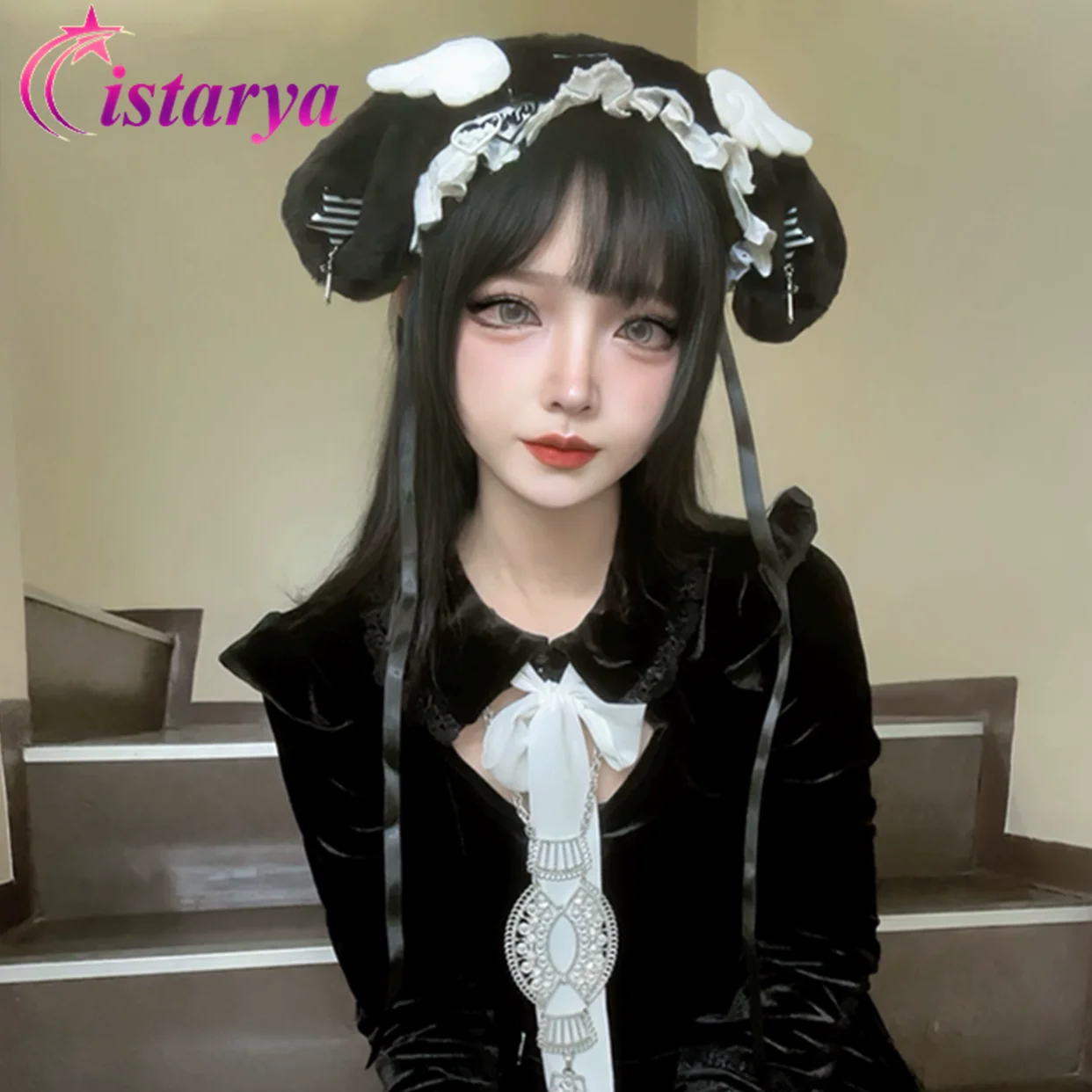 Harajuku Kawaii Angel Wing Кружевная повязка для волос с кроличьими ушками Готическая Лолита Плюшевые повязки на голову Косплей Вечерние головные уборы Y2K Аксессуары для волос