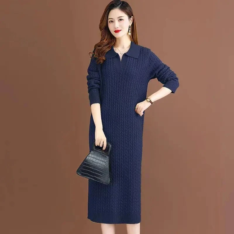 Fashion Lapel Knit Dress For Women New Spring Autumn Korean Casual Loose Long Pullover Sweater Dresses Female Bottomming Shirts