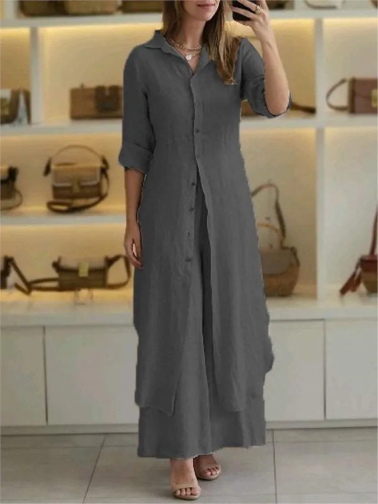 2024 New Product Women\'s Summer And Autumn Urban Elegant Cotton Hemp Slimming Waist Long Shirt Wide Leg Pants Two Piece Set