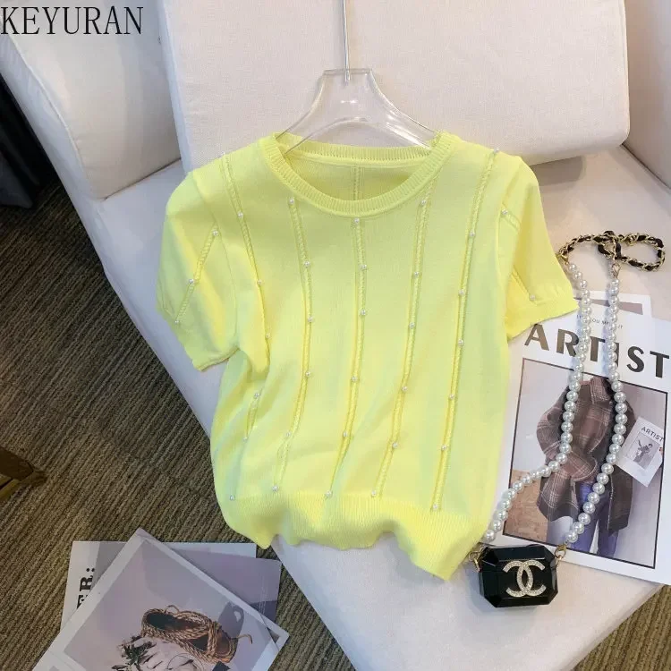 2024 Summer New Short Sleeve Sweater Women Ice Silk Knitted T-shirt Thin Slim O-Neck Peals Beading Pullover Knitwear Tops Tees