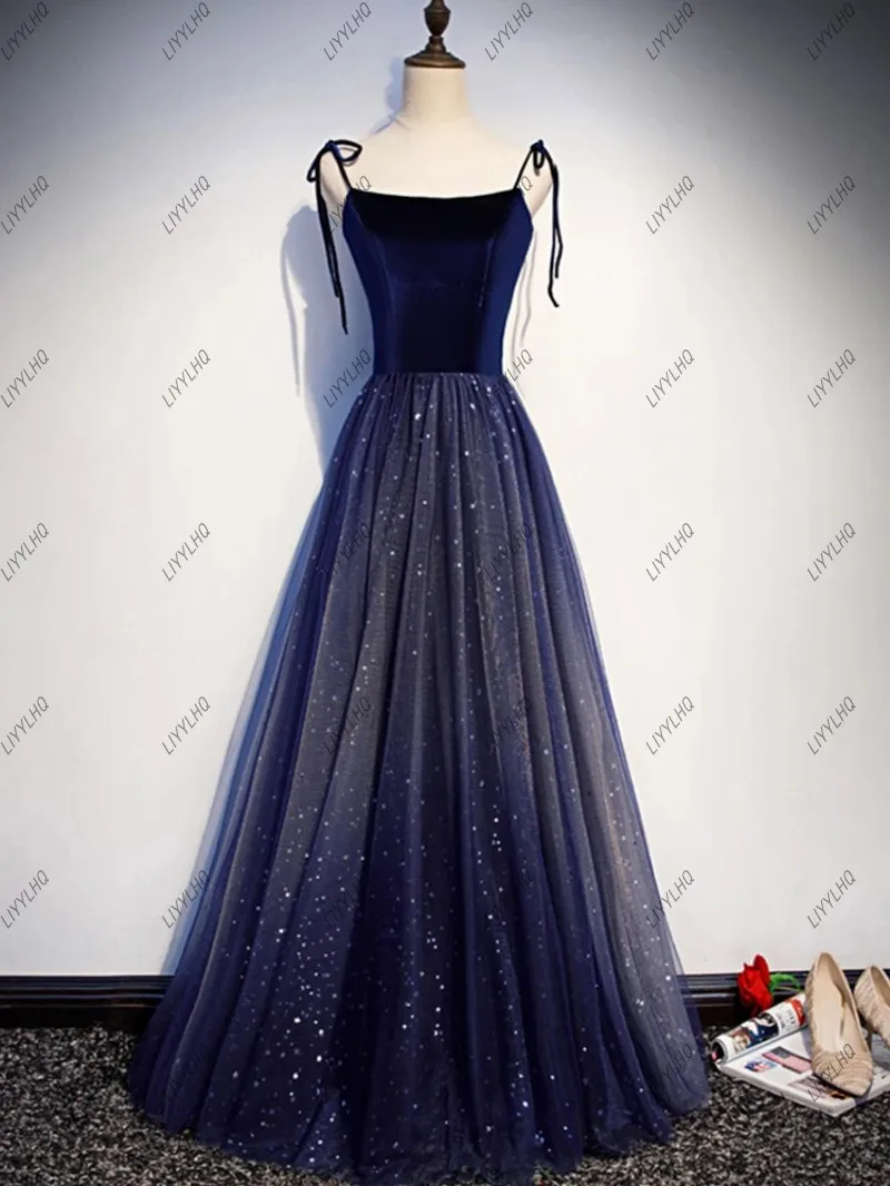 Shiny Navy Blue A-Line Evening Dresses Bling Spaghetti Straps Prom Party Gowns Women Formal Occasion vestidos de festa