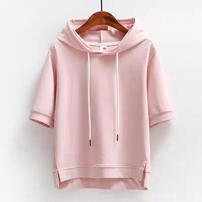 Fashion Hooded Solid Pink Women T Shirts 2024 Summer Korean Style Loose Female Tops Streetwear Short Sleeve Sweatshirts Tee A784