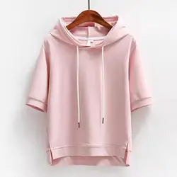 Magliette da donna rosa massiccio con cappuccio alla moda 2024 magliette da donna allentate in stile coreano estivo Streetwear felpe a maniche corte Tee A784