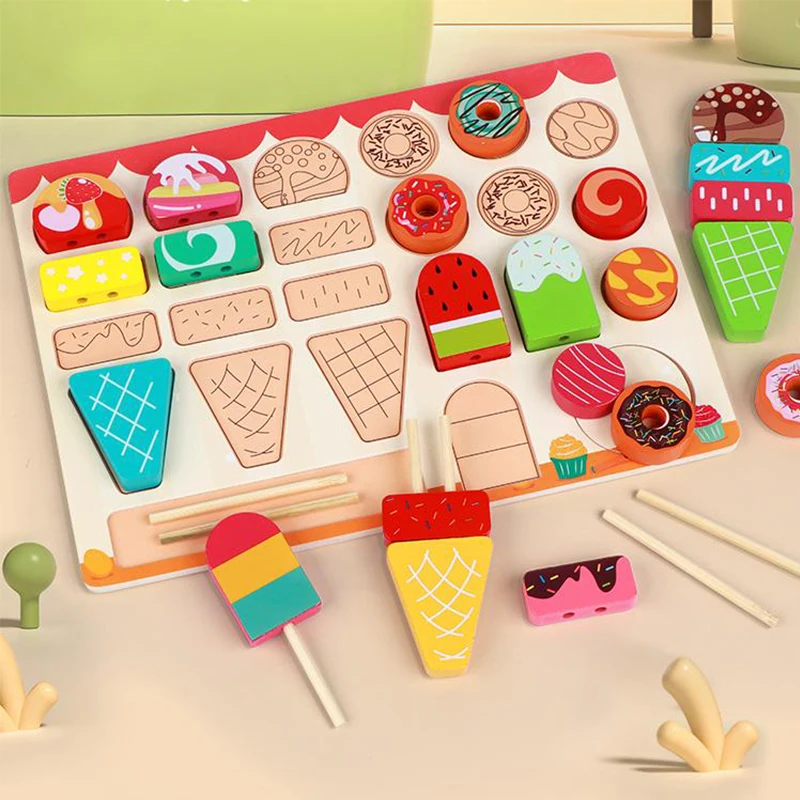 Wooden Ice Cream Set, Ice Cream Doughnut, And Cookie Combination For Role Play Kitchen Baking And Parent-Child Interaction
