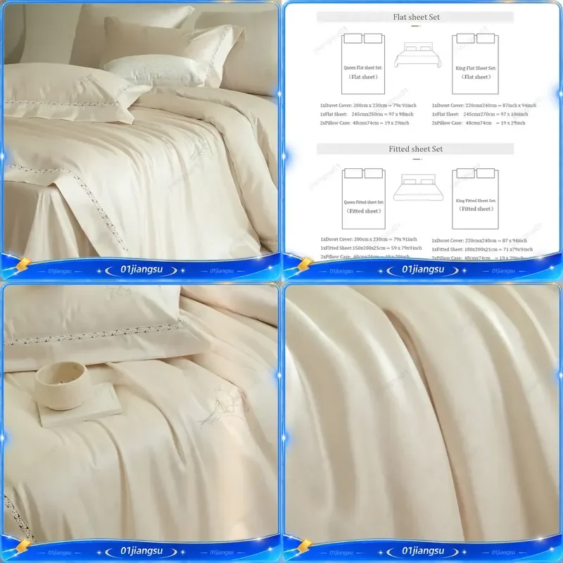 Luxury 1000TC Egyptian Cotton Bedding Set Yarn Dyed Jacquard Duvet Cover Hollow Wide Edge Flat Fitted Sheet Pillowcases 4Pcs