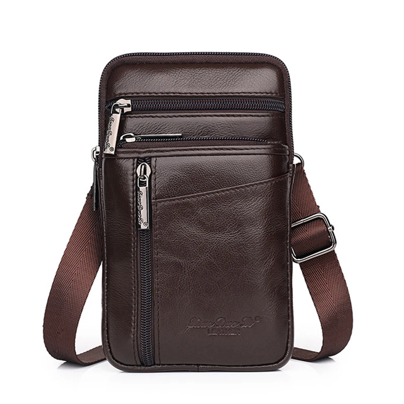 Genuine Leather Men Mini Cross body Shoulder Fanny Bags Casual Hook Cell Mobile Phone Case Messenger Belt Bag Purse Waist Pack