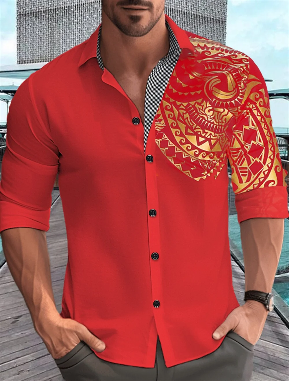 Men\'s shirt with gold pattern print, white, black, red long sleeved lapel button up shirt, fashionable casual top, plus size