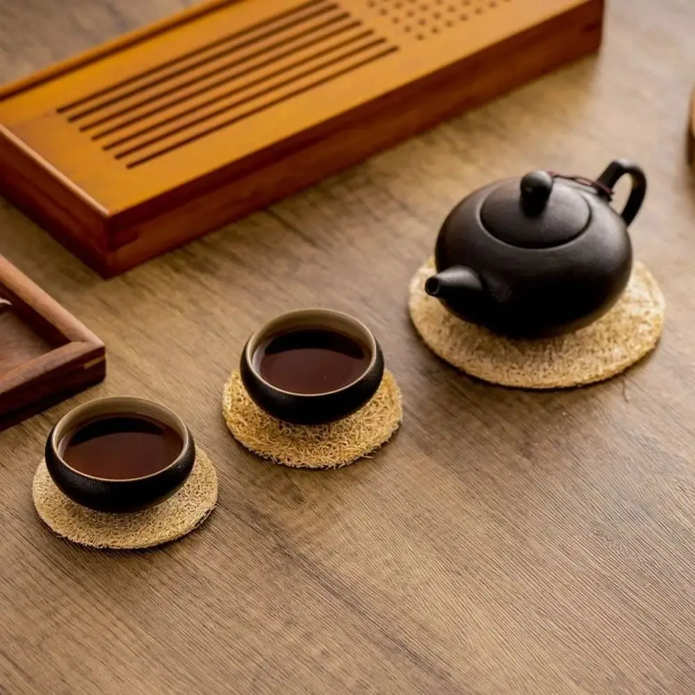 

Home Accessorie Round Tea Cup Mat Natural Loofah Fibre Teapot Pad Double sided Household Loofah Mat Tea