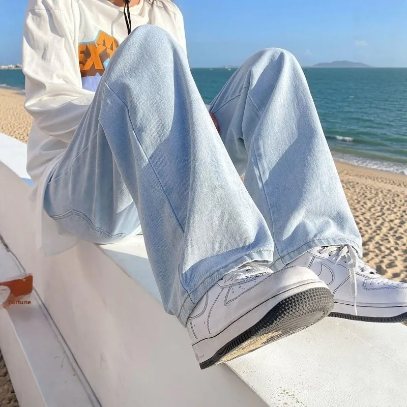 

New Elastic Waisand Breathable Casual Jeans Loose Wide Leg Pants Trendy Cotton Polyester Blend Summer Wear for Young Men