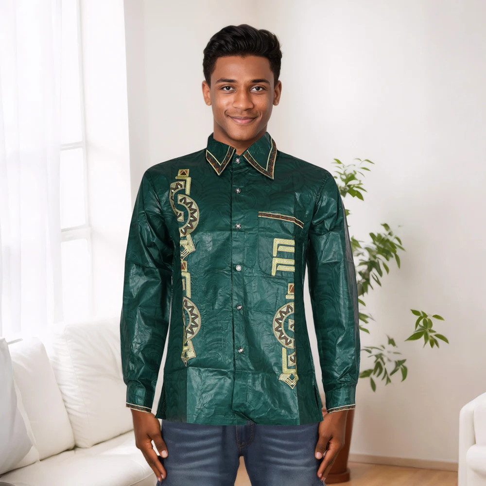 H & D – vêtements africains pour hommes, chemise traditionnelle Ankara Dashiki pour hommes, chemise brodée, imprimé à la mode, vert Bazin, fête 2024 2025