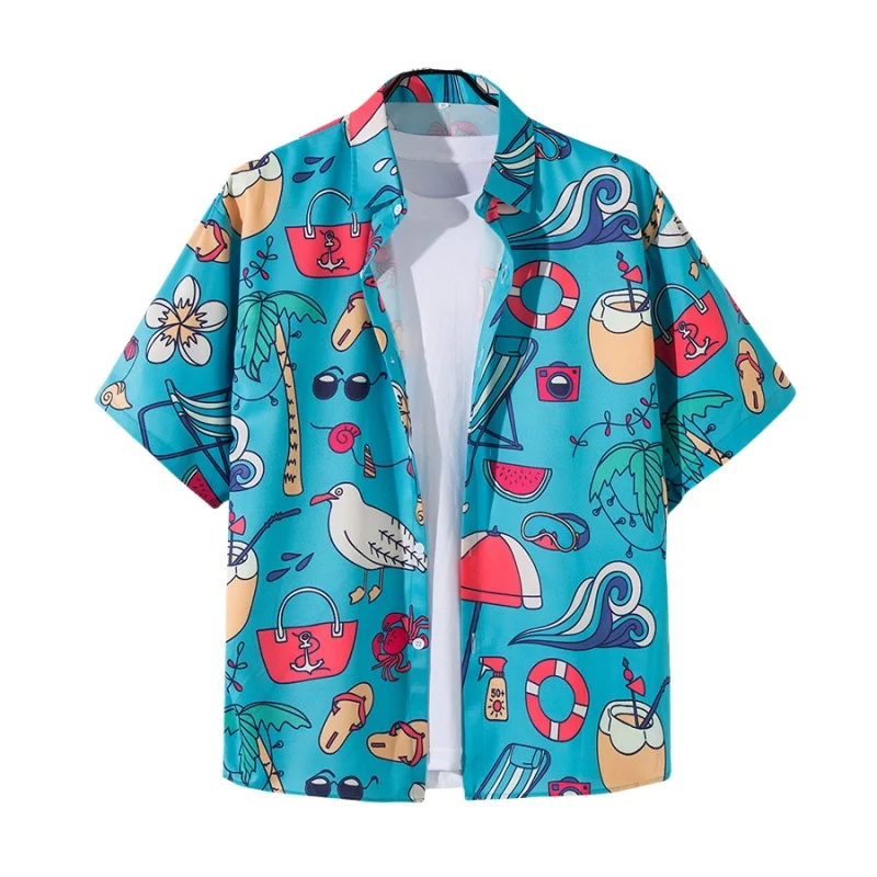 Men's Summer Travel Seaside Vacation Short Sleeve Flower Shirt Loose Casual Handsome Retro Hawaiian Beach Floral Shirt Coat