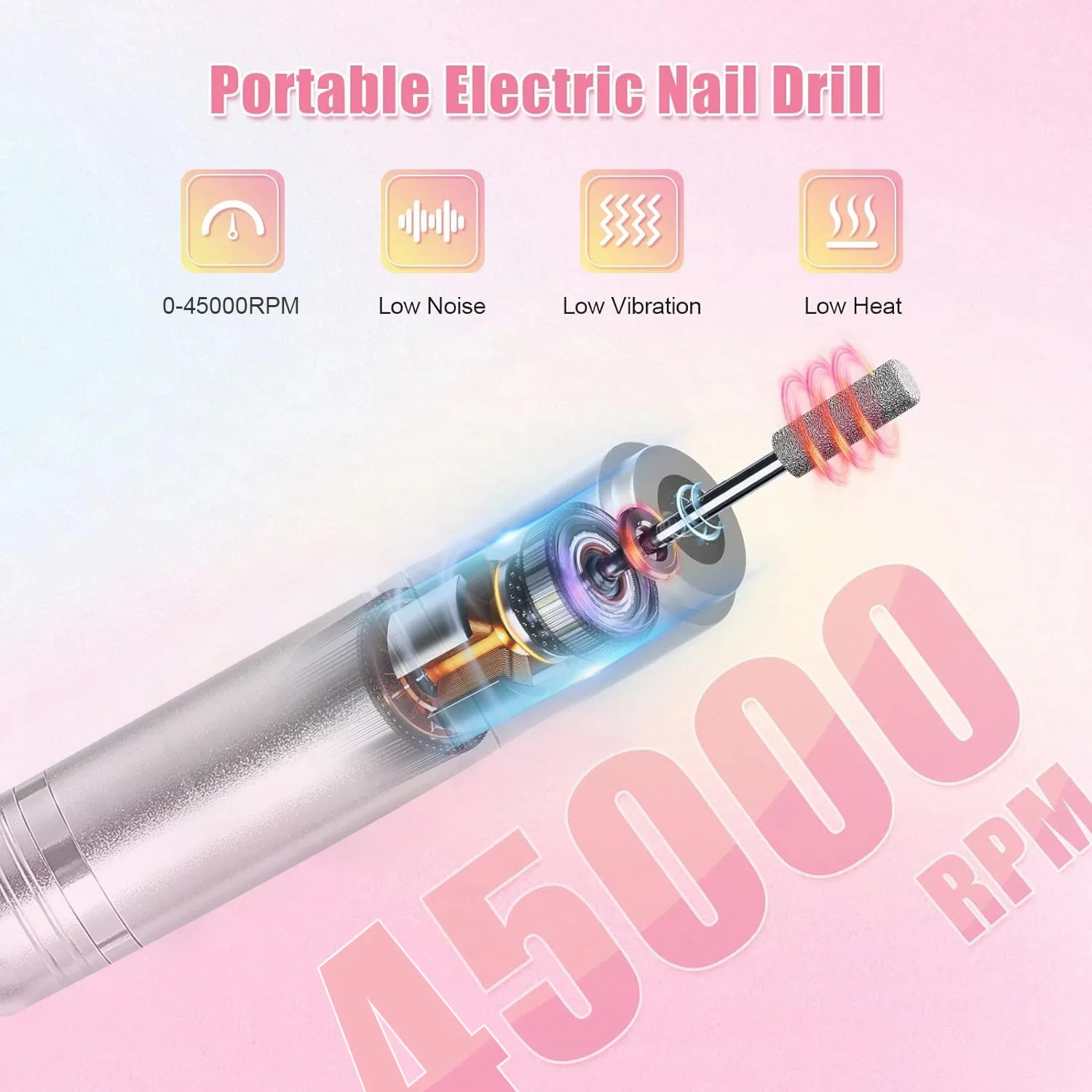 45000RPM Nail Drill Machine Electric Portable Nail File Rechargeable Nail Sander For Gel Nails Polishing For Home Manicure Salon