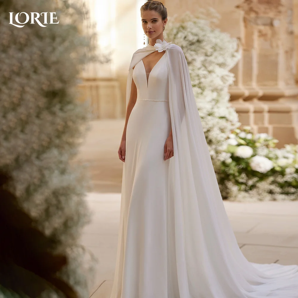 

LORIE Elegant Lace A-line Wedding Dresses V Neck Satin Strapless Shawl Luxury Cloak Bridal Gowns Customized Bride Dresses