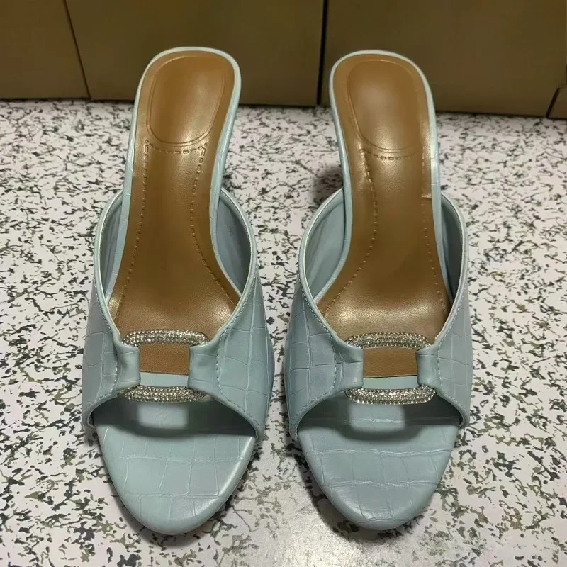 

Женские летние сандалии-мюли со стразами и квадратной пряжкой, дышащие повседневные туфли без шнуровки с открытым носком, брендовый дизайн, повседневная обувь на высоком каблуке для женщин