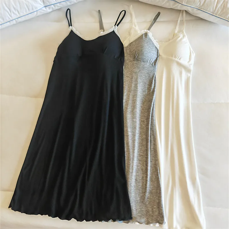 Ladies Summer Nightdress Sexy V-neck Lace Camisole Nightgown Chest Pad Home Wear Sling Dress Modal Comfort Night Shirt Women