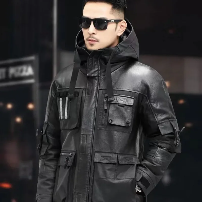 

Одежда из воловьей кожи, пальто, новое мужское зимнее свободное пальто средней длины с капюшоном, теплая уличная куртка, верхняя одежда для отдыха