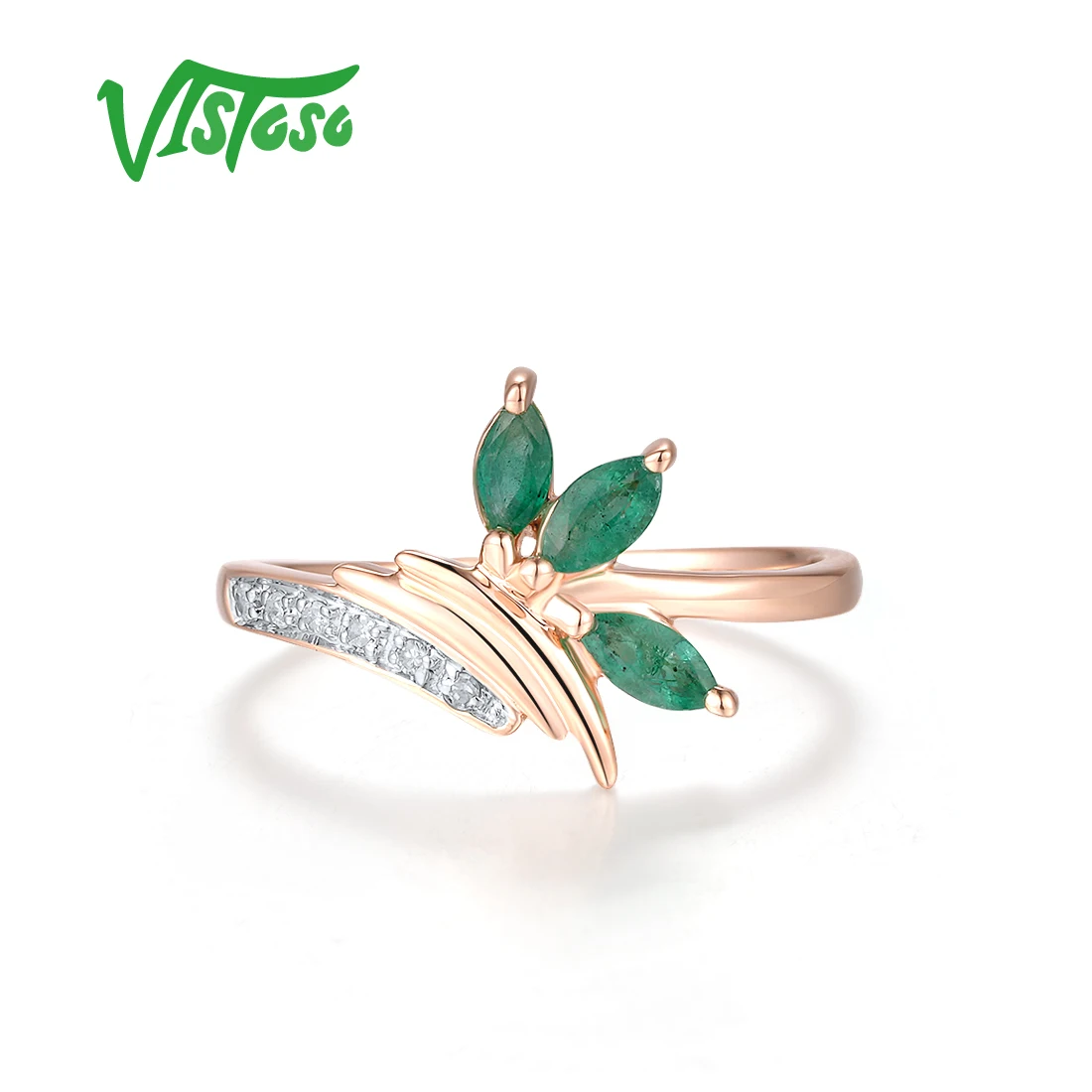 VISTOSO Genuine 14K 585 Rose Gold Ring For Women Ring Sparkling Diamond Emerald Exquisite Party Wedding Engagement Fine Jewelry