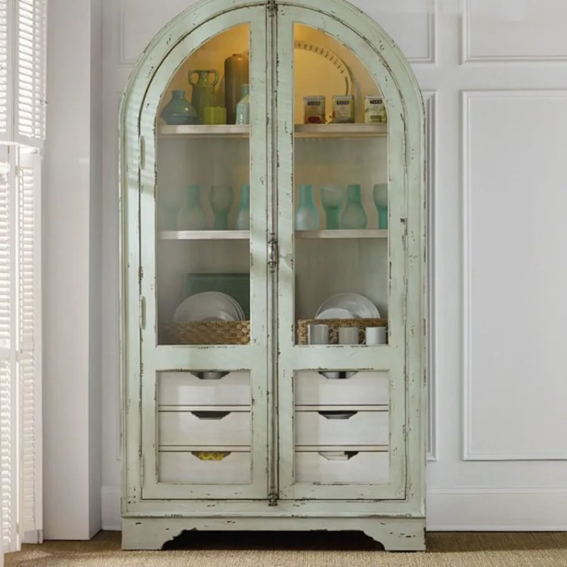 American rural solid wood bookcase storage cabinet, multi-layer bookshelf French arched retro, display cabinet