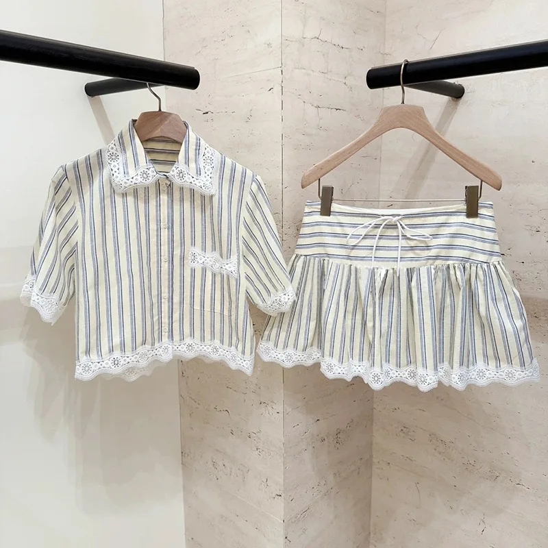 

Linen Version Striped Set with Ruffle Collar ort Skirt Spring Faion Casual Sle Cotton Linen Blend UV Protection