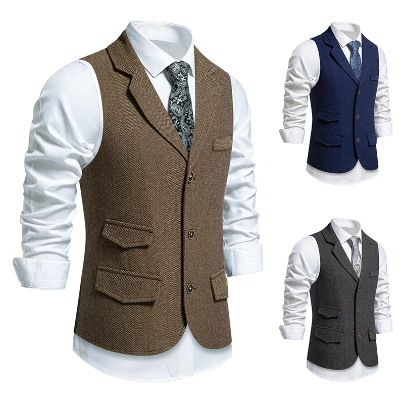 Chaleco Vintage Hombre Mens Suit Vest 2024 Western Herringbone Waistcoat Wedding Formal Dress Gilet Homme Sleeveless Jacket