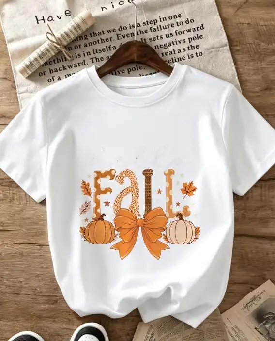 Hello Fall Shirt Women Thanksgiving Pumpkin Tee Cute Orange Bow Print Graphic T Shirts Casual Retro White Short Sleeve Top