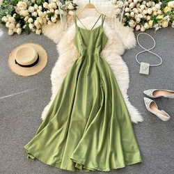 Summer Women's Dress Retro Solid Color Holiday Style Suspender Dress New Sexy Strappy Halter Waist Female Dresses C751