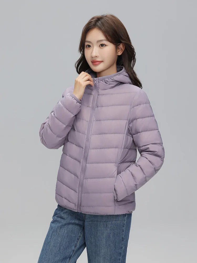 Lightweight Packable Hooded Down Jacket Women Autumn Winter 90% Down Fill Base Layer Jacket Female Solid Color Casual Down Coats