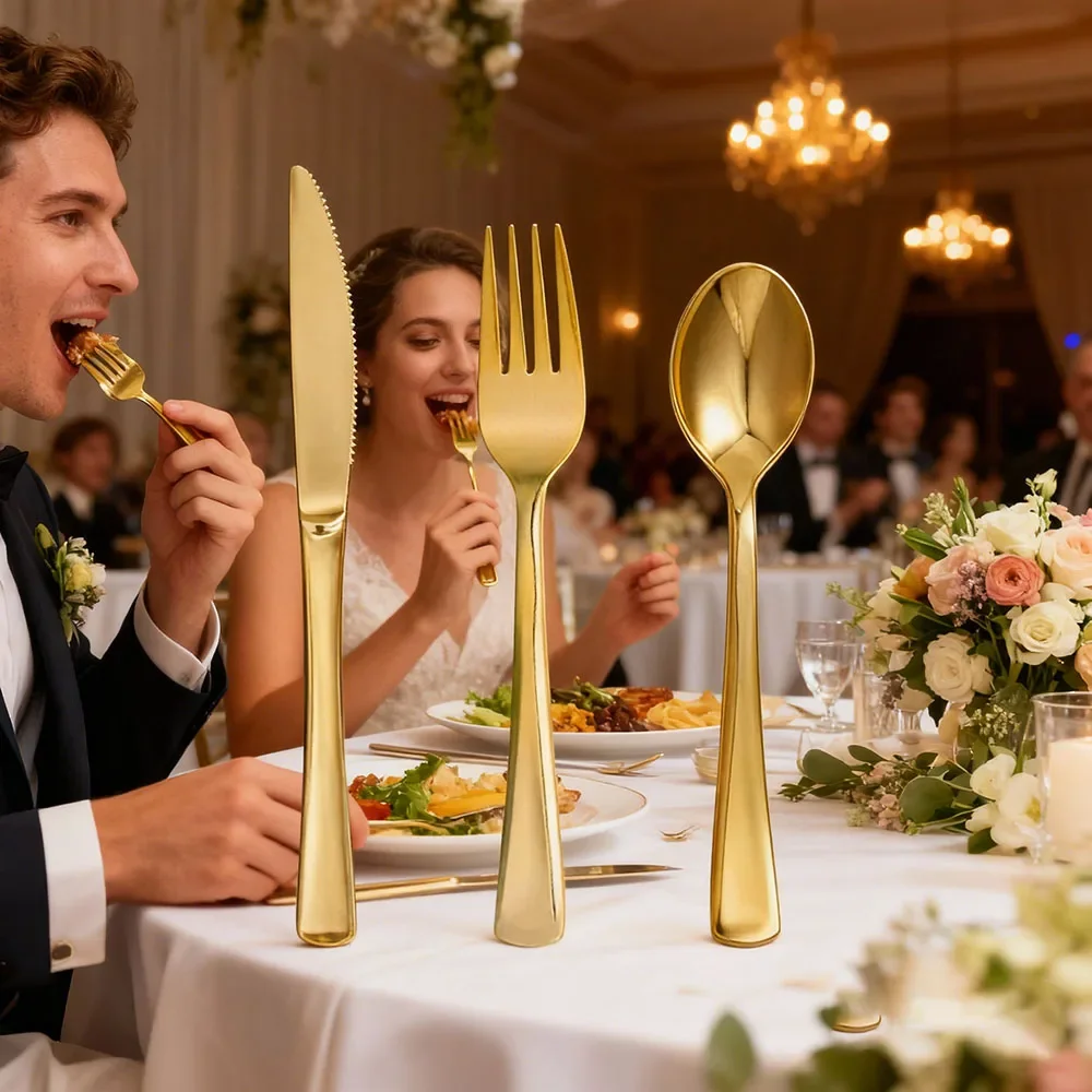10pcs Golden Disposable Cutlery Knifes Forks Spoons Birthday Decorations Wedding Dolce Vita Adult Party Suppllies Christmas