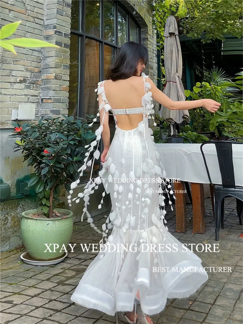 XPAY Sweetheart gaun pernikahan putri duyung Korea tali Spaghetti gaun pengantin rumbai renda 3D korset Rekam foto gaun pengantin Ruched