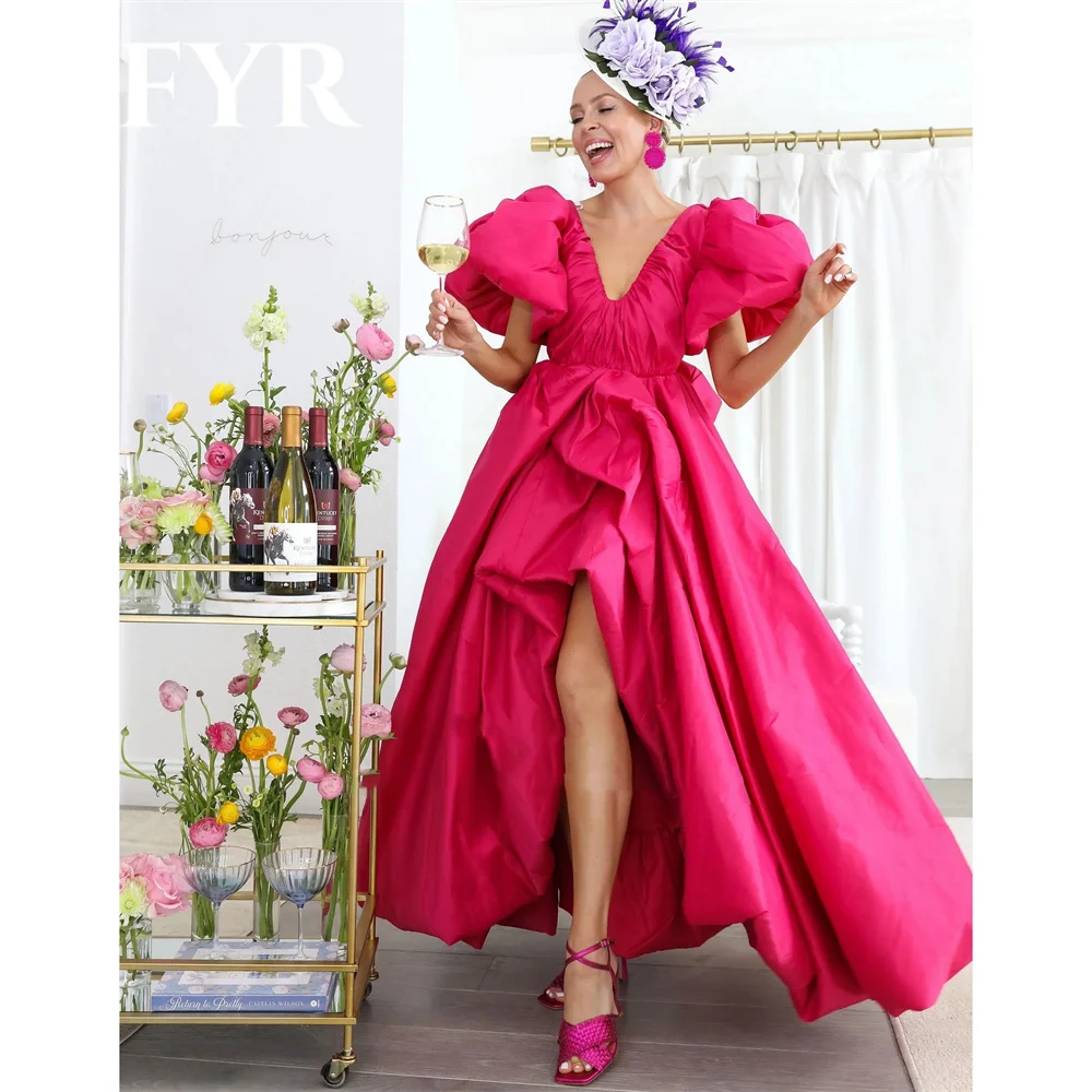 

RFYR Pink V Neck Charming Prom Dress Gown Stain Pleat Formal Gown with Split Bow Puffy Sleeves Evening Gown vestidos de noche