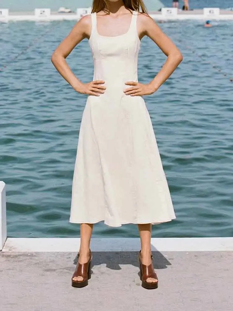 

European style new women's fashion all-match A-line hem exposed line design solid color medium-length dress
