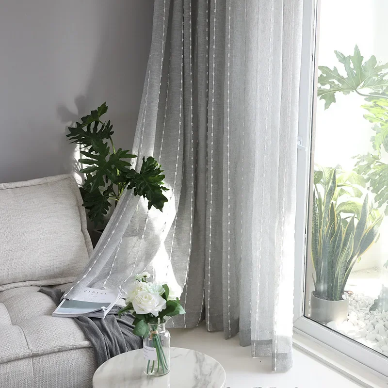 Scandinavian Sheer Curtains for Living Room Bedroom Balcony Vertical Stripe Jacquard Cotton Gray Window Screen Custom Size