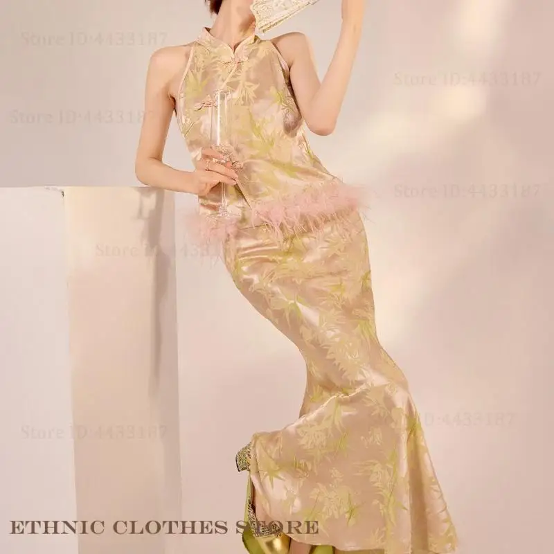 

Роскошный женский костюм Тан в китайском стиле Qipao, элегантная жаккардовая блузка с перьями, юбка «рыбий хвост», сексуальный тонкий Cheongsam без рукавов